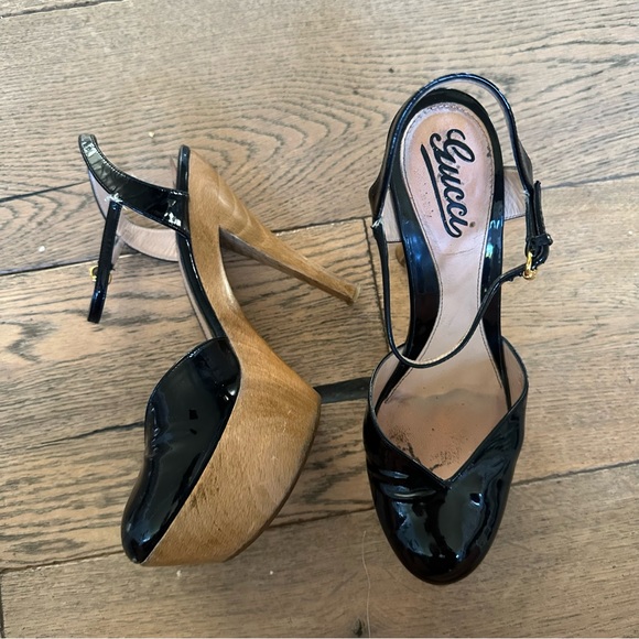 GUCCI black leather platform wood platform chunky heels ankle strap  womens 8.5 - Picture 1 of 14